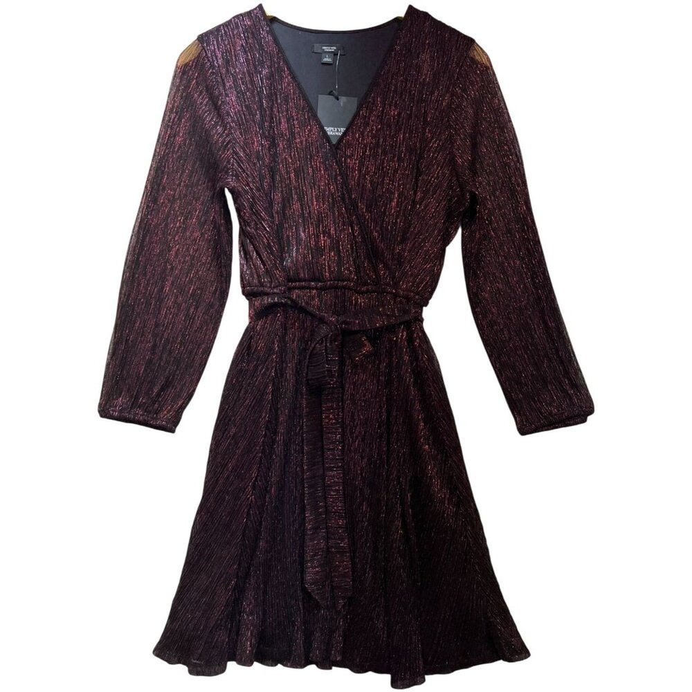 Simply Vera Vera Wang Womens Wrap Mini Dress Long Sleeve Tie Waist Sz L Burgundy